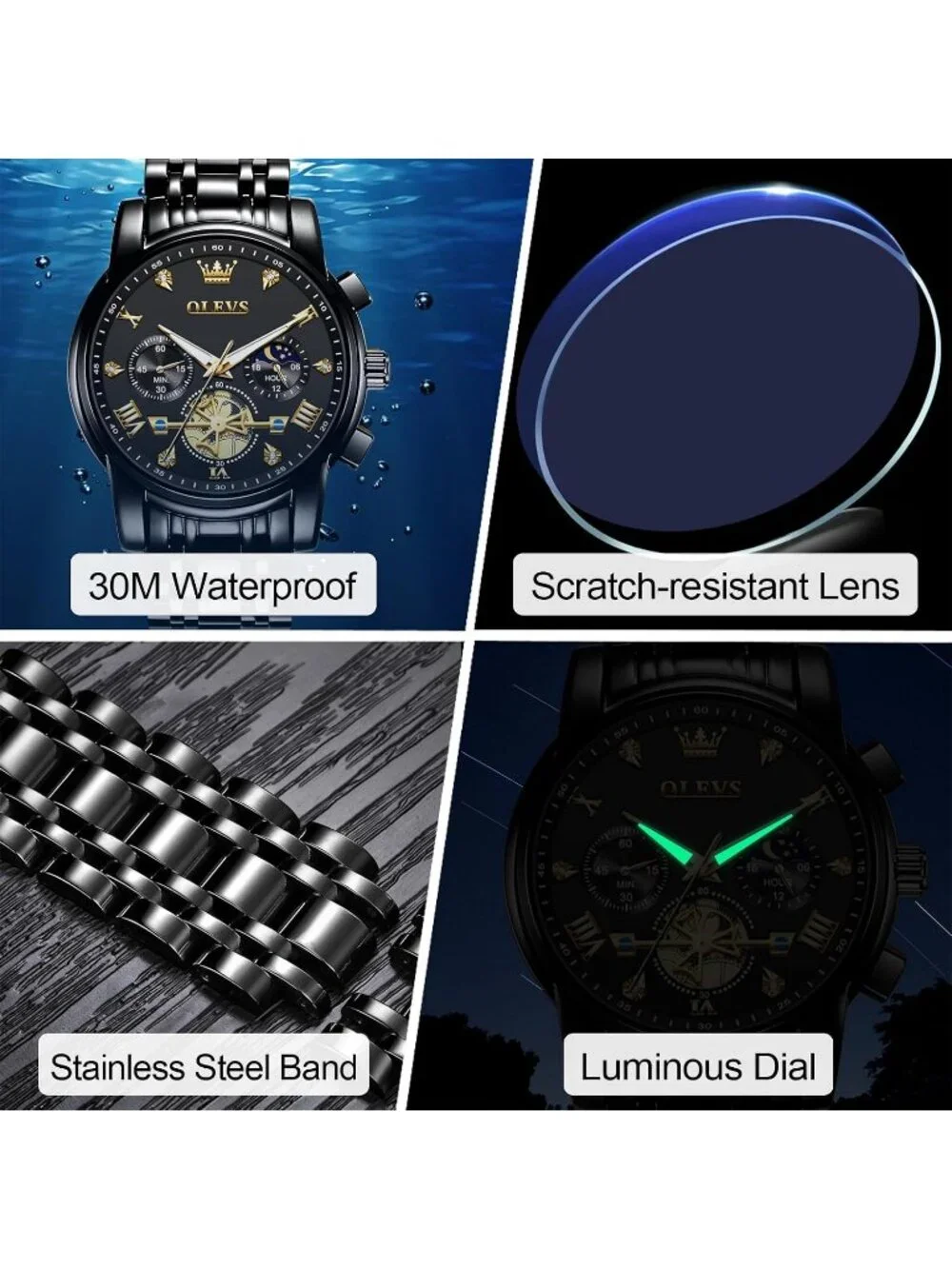 Men's Black / Gold Stainless Steel Chronograph Waterproof Quartz Dress Watch
